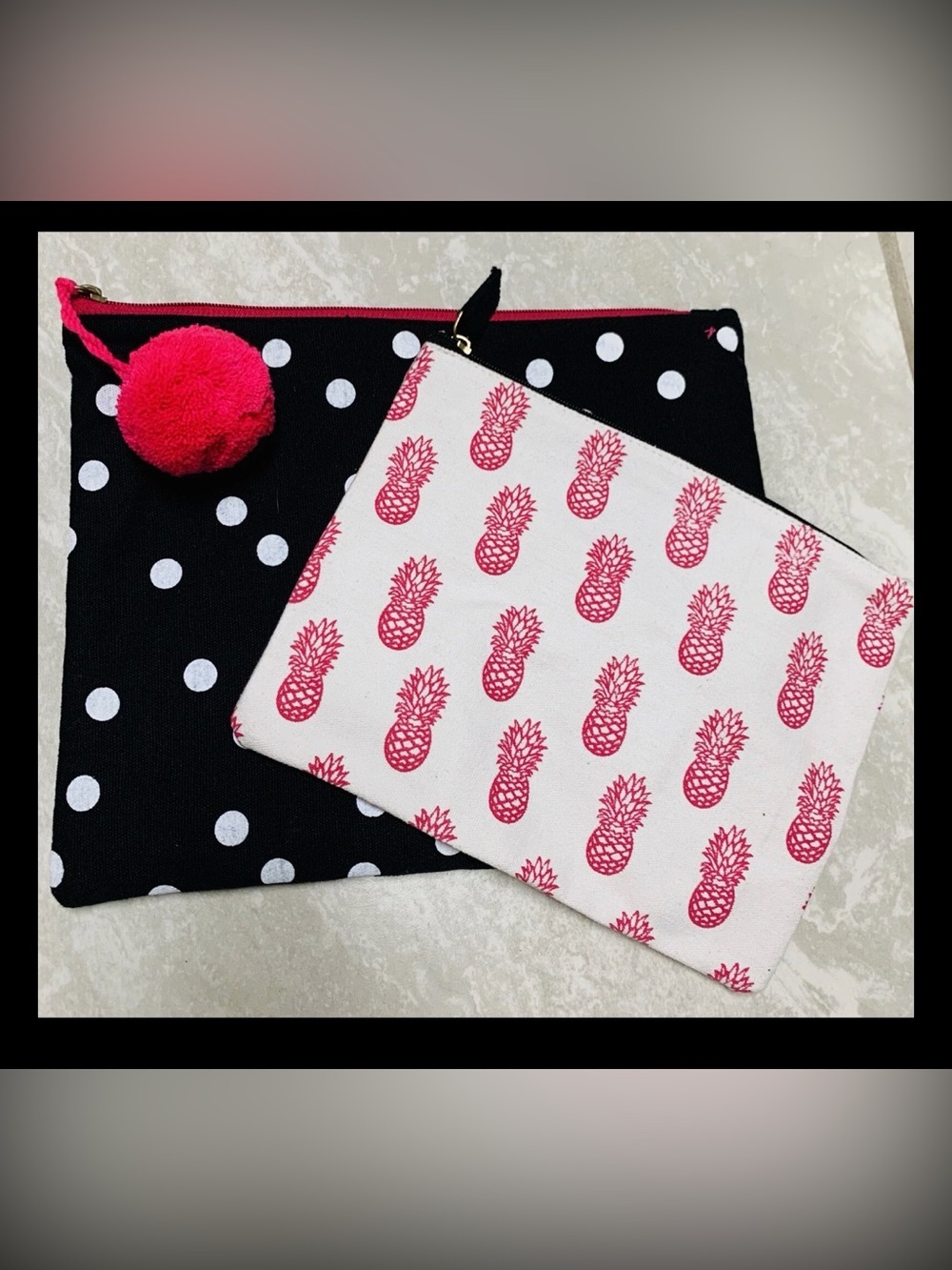 Olive & Hill cosmetic Bag bundle Black Hot Pink Pompom Zipper Canvas Organizer